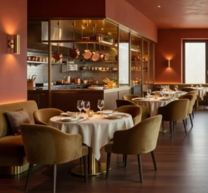 A Buda Dining Hub elegáns, modern éttermi belső tere