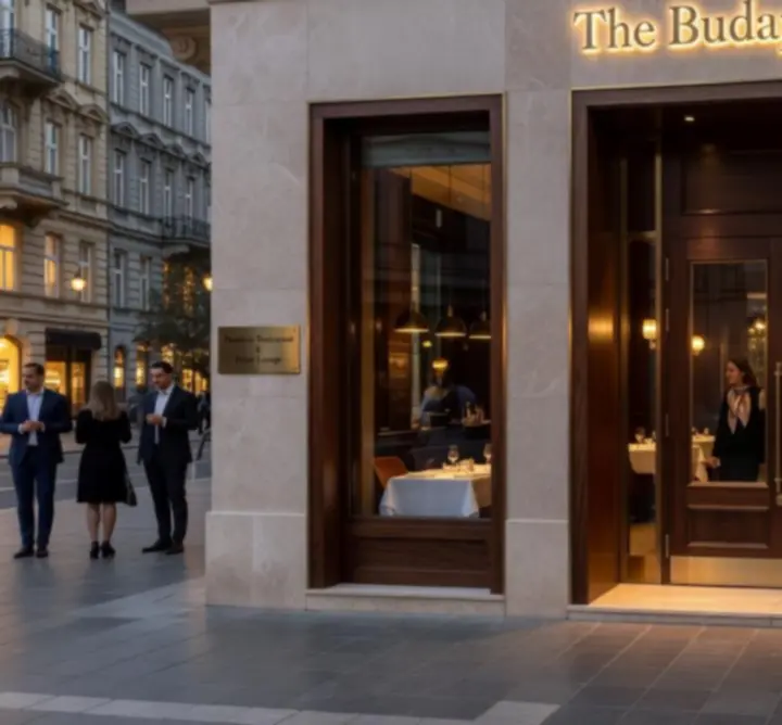 A Buda Dining Hub elegáns bejárata esti hangulatvilágítással