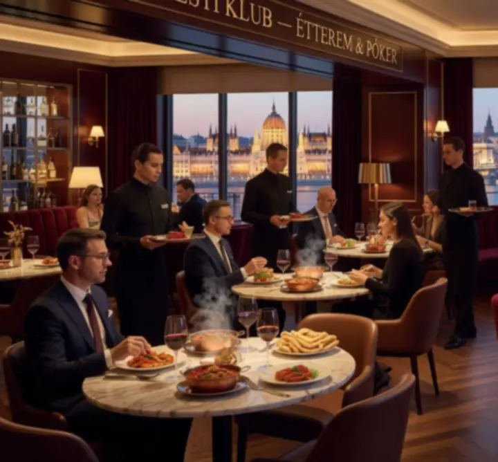 Elegáns budapesti étterem és póker lounge hangulatos esti fényekkel