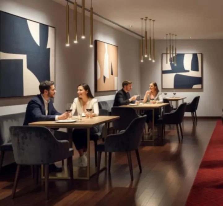 Modern, elegáns belső tér a Buda Dining Hub étteremben és póker lounge-ban