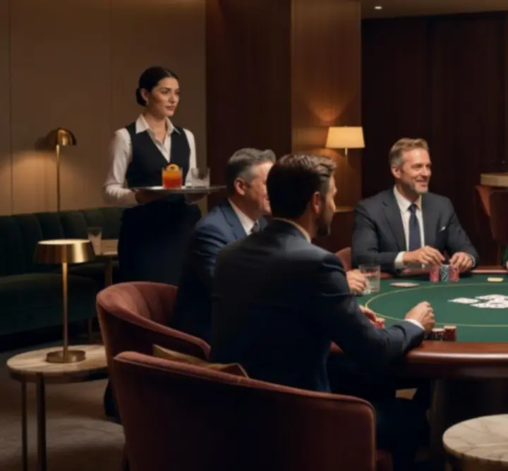 Stílusos póker lounge hangulatos fényekkel és elegáns berendezéssel