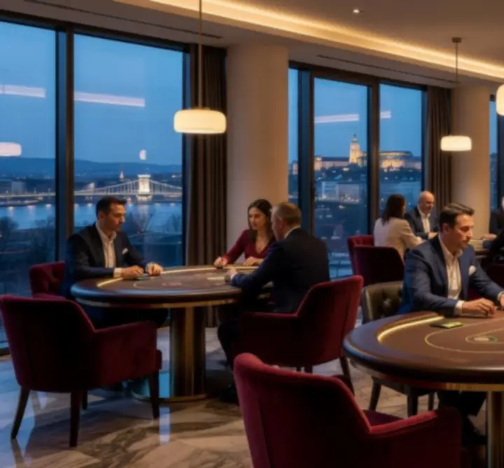 Stílusos Buda Dining Hub pókerlounge prémium asztalokkal és hangulatos fényekkel