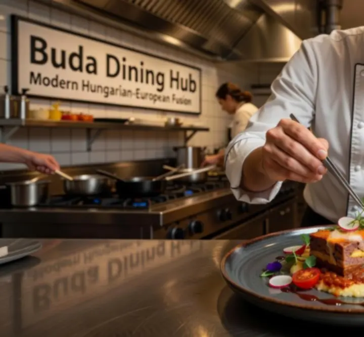 Séf modern magyar és európai fogást készít a Buda Dining Hub konyhájában